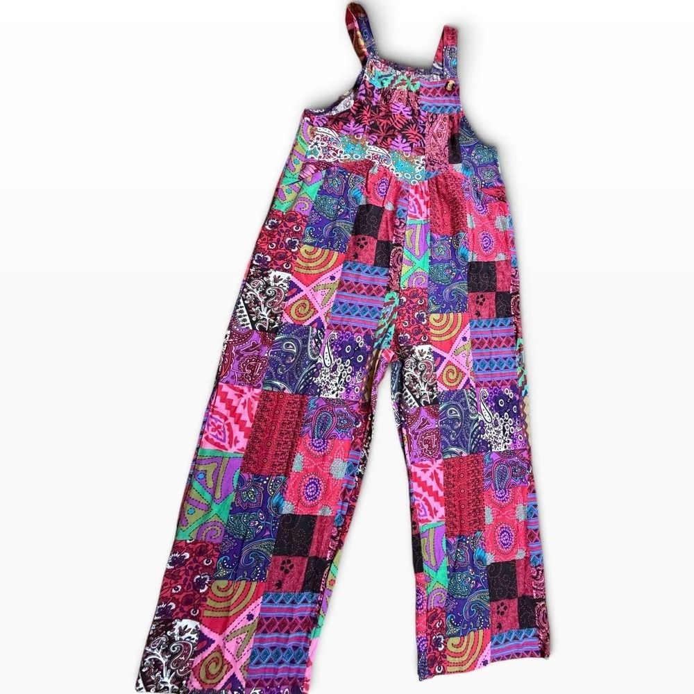 Womens Patchwork Boho Wide Leg Overalls Multicolor Paisley Print Jumpsuit Hippie